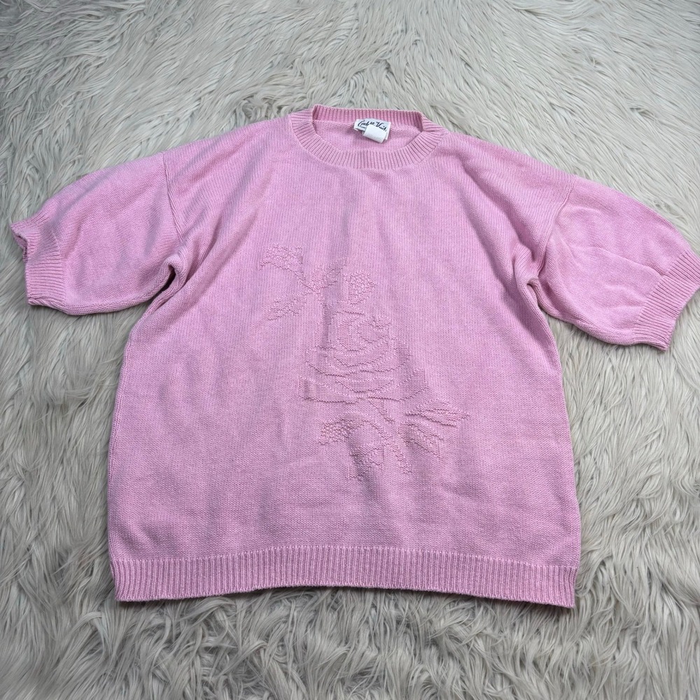 Vintage Cuddle Knit Women's M Pink Floral Rose Motif SS Cotton Sweater Coquette